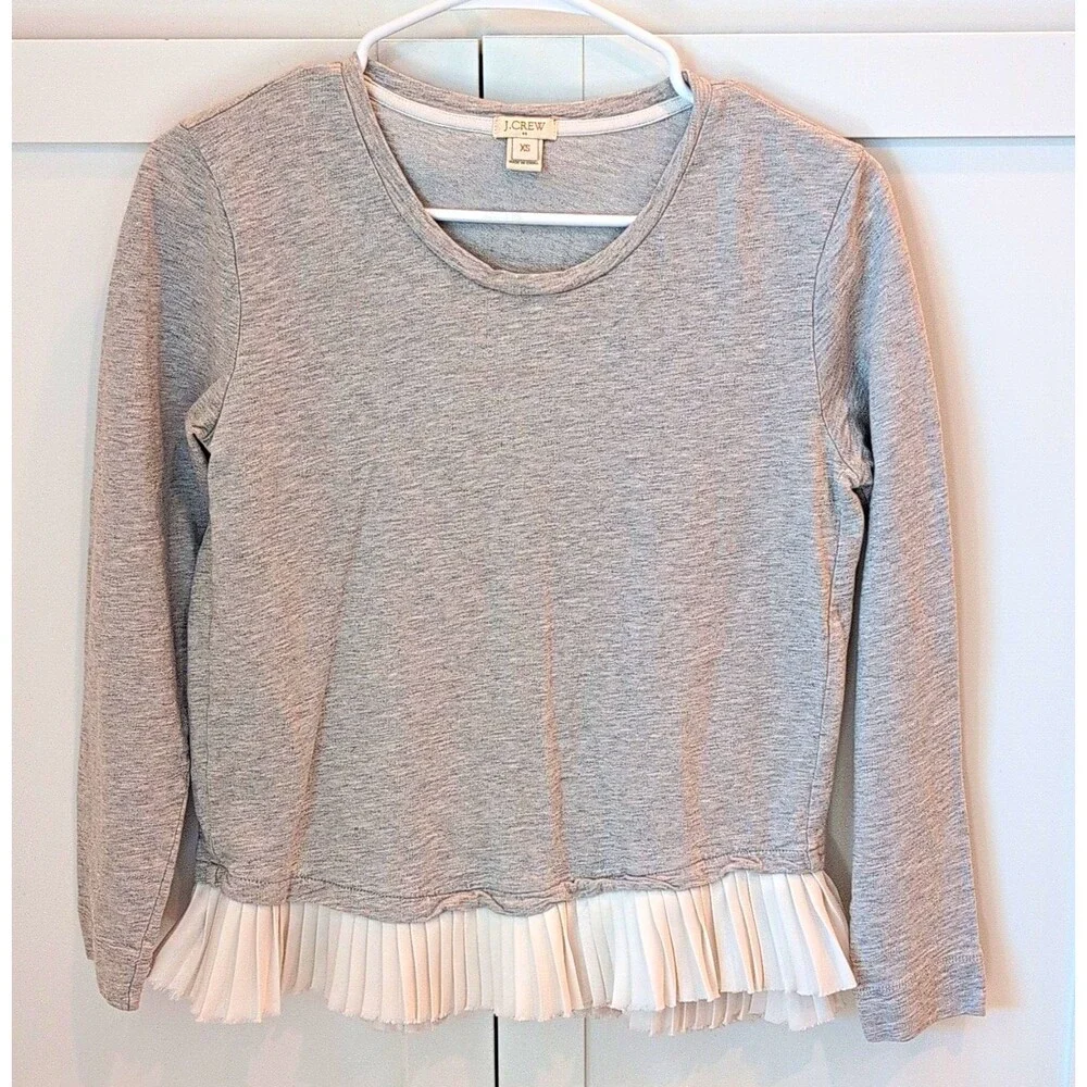 J Crew Mixed Media Sweatshirt XS Gray Accordion Pleat Ruffle Hem Preppy Chic